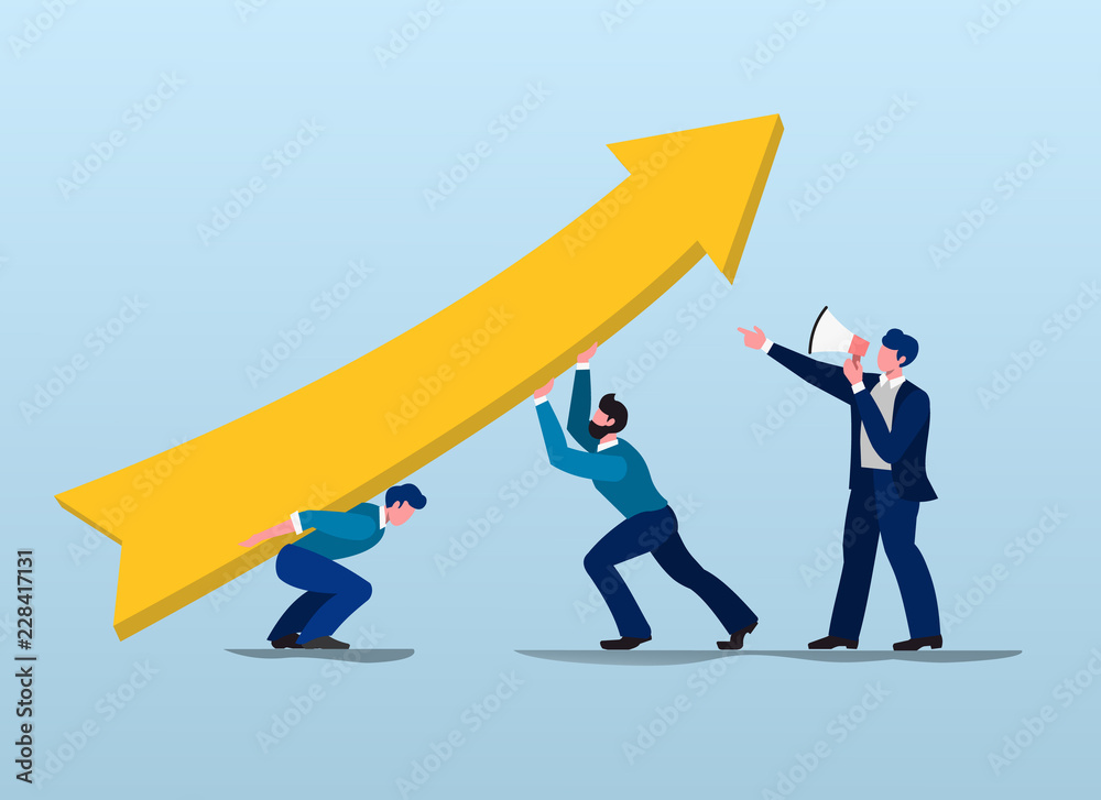 Boost business vector illustration. The team of young businessmen lifts an arrow Boost business vector illustration. The team of young businessmen lifts an arrow