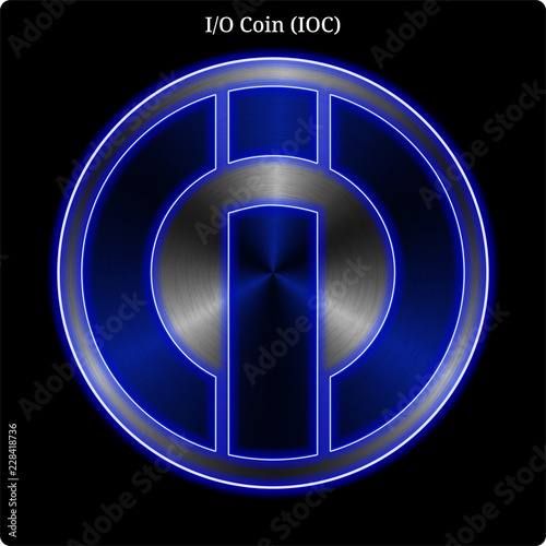 Metal I-O Coin (IOC) coin witn blue neon glow.