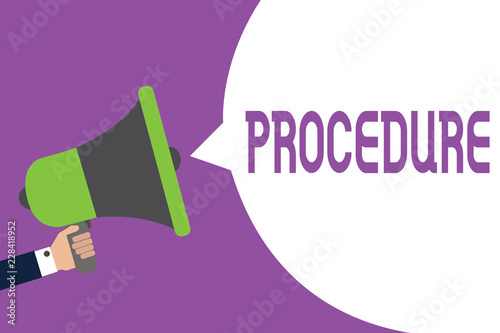 Word writing text Procedure. Business concept for Established official way of doing something Rules Guidelines Man holding megaphone loudspeaker speech bubble message speaking loud © Artur