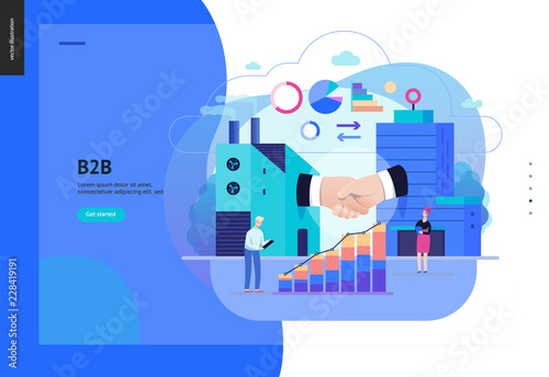 Business series, color 2 - b2b. business to business - modern flat vector illustration concept of b2b - a factory and a corporate buildings shaking their hands. Creative landing page design template