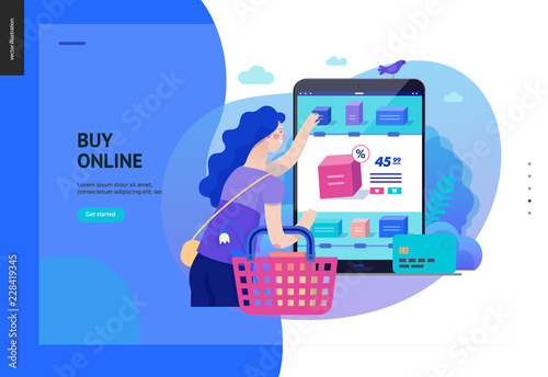 Business series, color 2 -buy online shop -modern flat vector illustration concept of woman shopping online holding basket. Website interaction -purchase process. Creative landing page design template