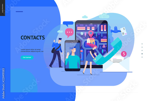 Business series, color 2 - contacts - modern flat vector illustration concept of intercommunicators. Connection ways and tools -web, phone, chat, messenger, post. Creative landing page design template