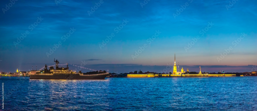 Saint Petersburg. Panorama of night Petersburg. Peter-Pavel's Fortress. Warships on the Neva River. Panorama of the Peter and Paul Fortress. Russia. White nights in Petersburg.