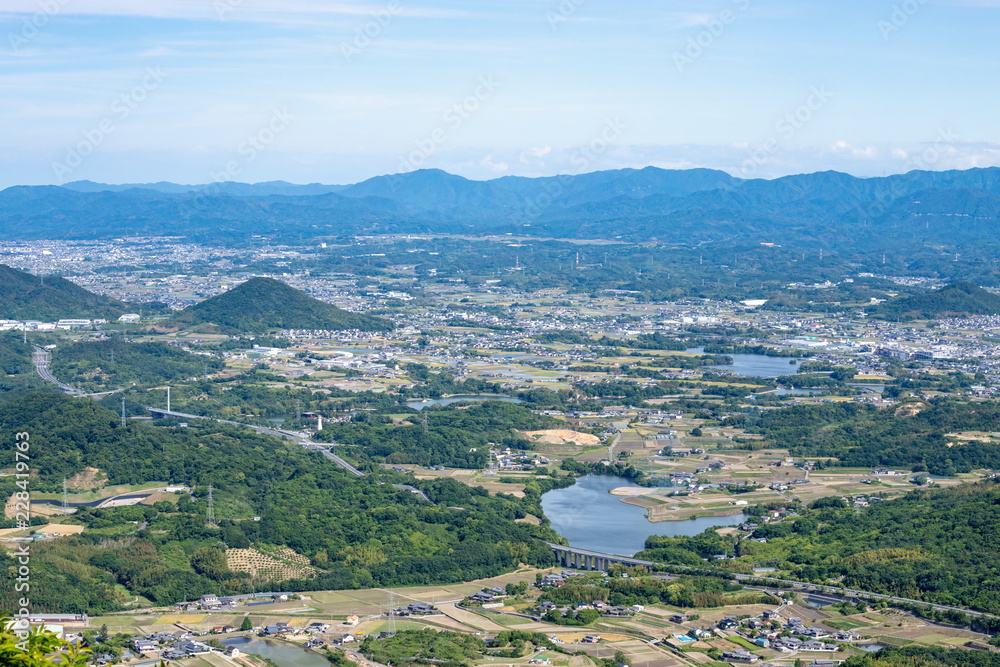 Landscape of the sanuki plain in Kagawa(ponds,Takamatsu highway,Ayagawa town),Shikoku,Japan