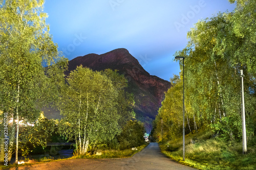 Night view of the coastline road of Skjolden next to the road Fv 331 and the Eidselvi River. photo