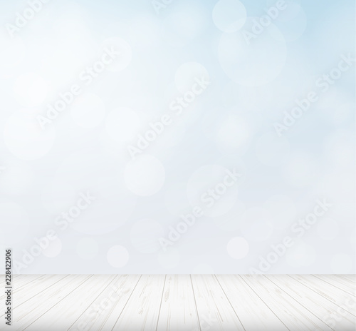Wood floor perspective with light blurred bokeh background used for montage or display product. Vector.