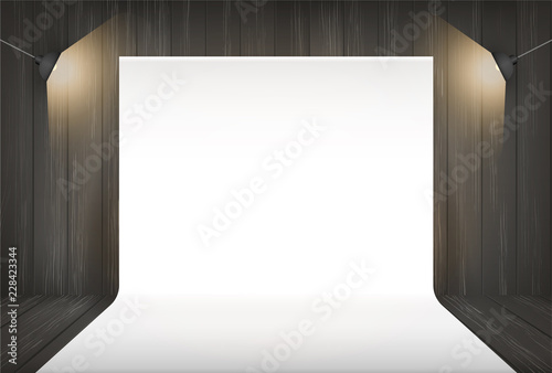 Photography studio background with lighting in dark room space. Vector.