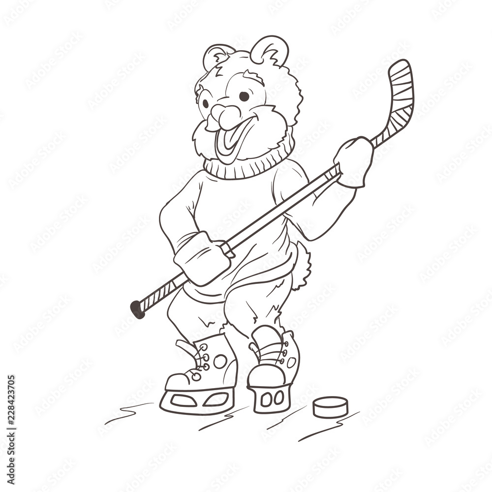 Bear hockey player. Coloring page. 