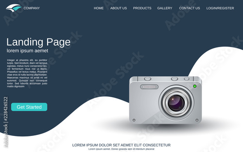 Website landing page design template. Blue-white vector background with photo camera illustration