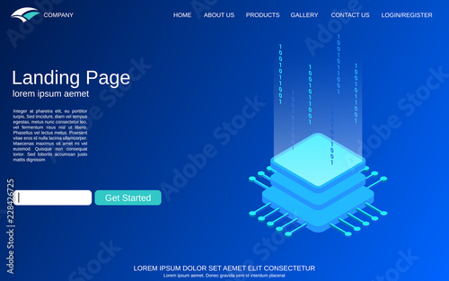Website landing page vector template. Blue background with computer processor isometric concept illustration