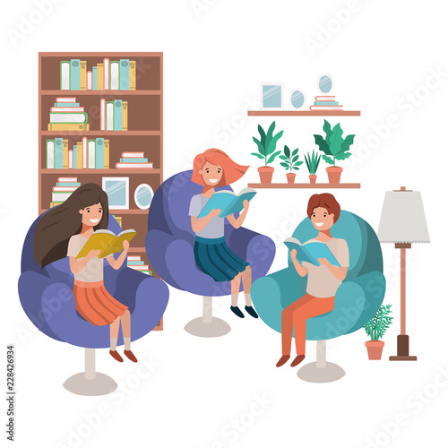 group of people with book in livingroom avatar character 