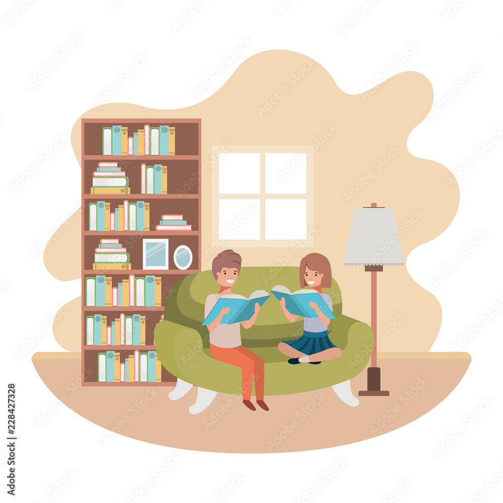 couple of children with book in livingroom avatar character