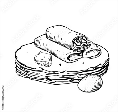Russian pancakes. A set of pancakes and products for cooking, drawn by hand with ink and pen.