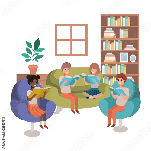 group of people with book in livingroom avatar character 