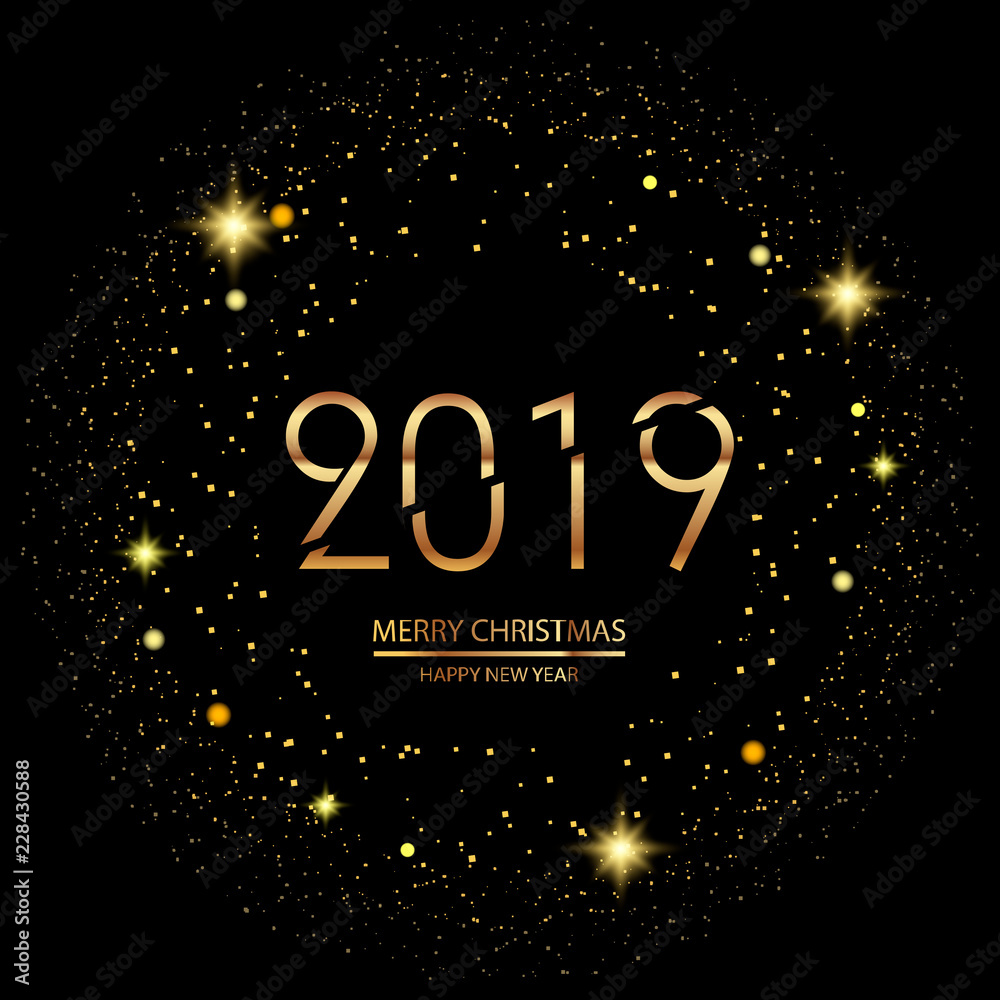Happy New Year or Christmas background with gold confetti. 2019. Vector