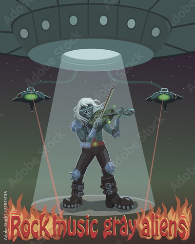 Alien rock musician plays violin/  Alien rock musician playing violin new sound of music penetrates into the mind of creatures and touches feelings of delight