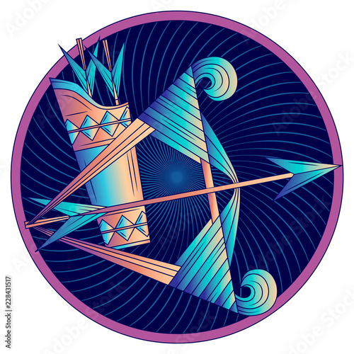 Sagittarius zodiac sign, astrological, horoscope symbol. Futuristic style icon. Stylized graphic blue bow and arrows in quiver. Tensing the string, aiming. Feather, nock, tackle. Vector illustration.