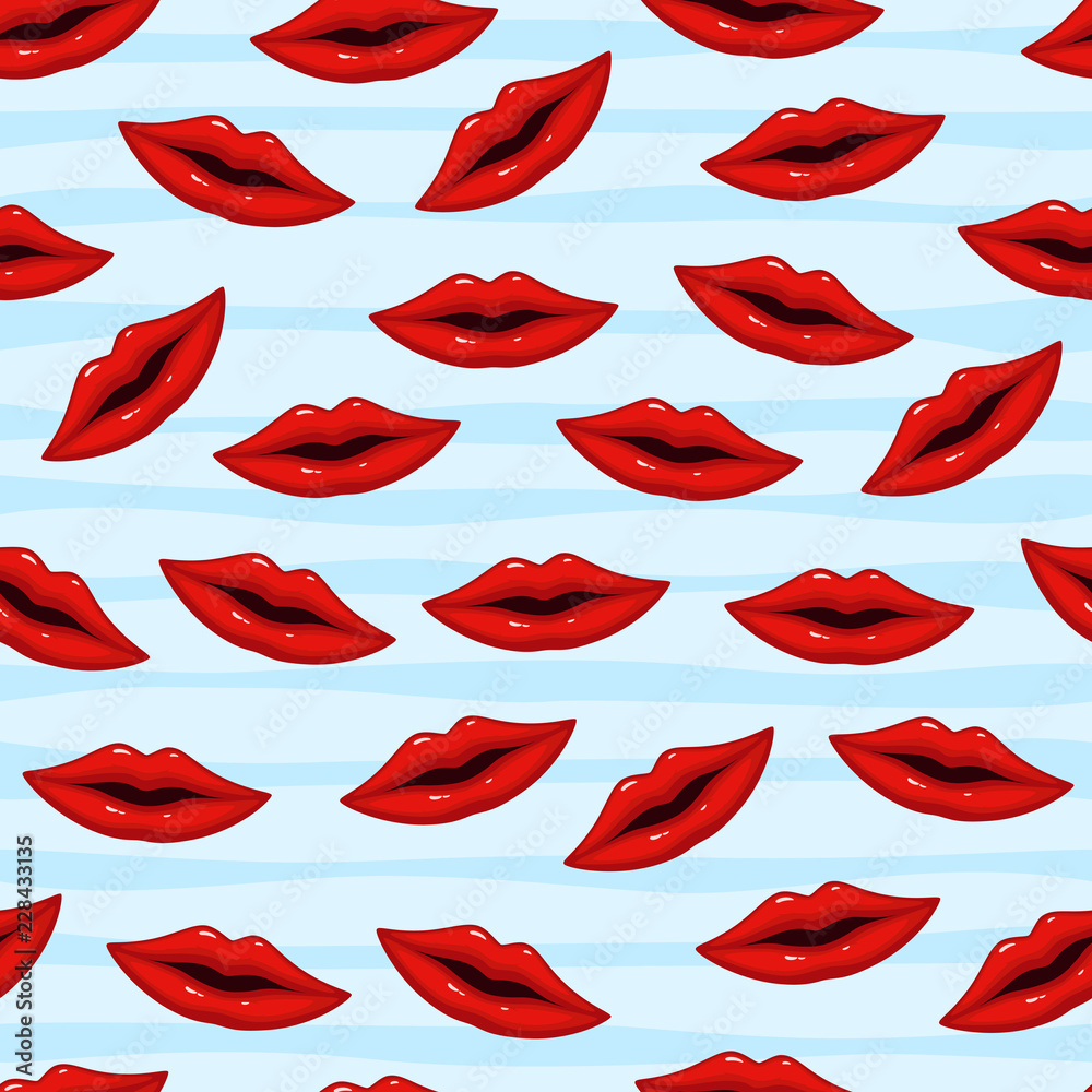 Fototapeta premium Seamless pattern red lips on striped background