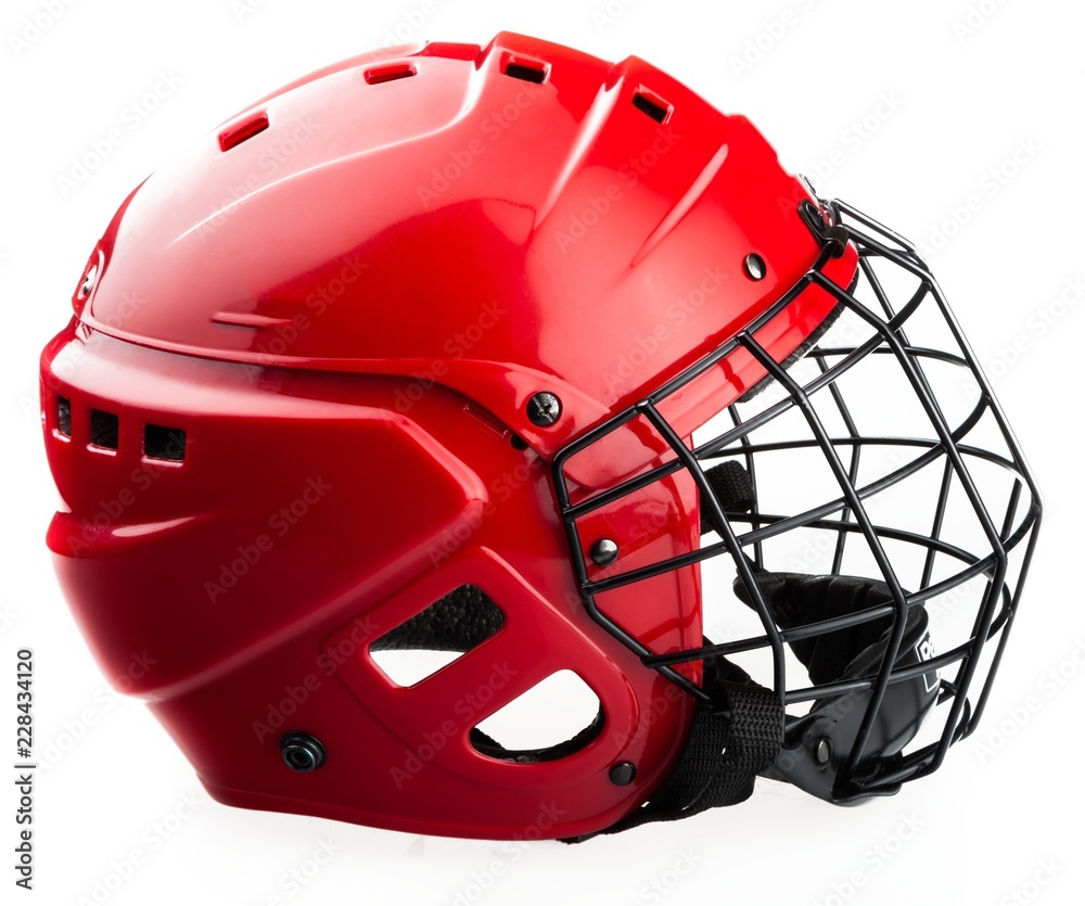 Fototapeta premium Red Ice Hockey Helmet with Cage, Isolated on White Background