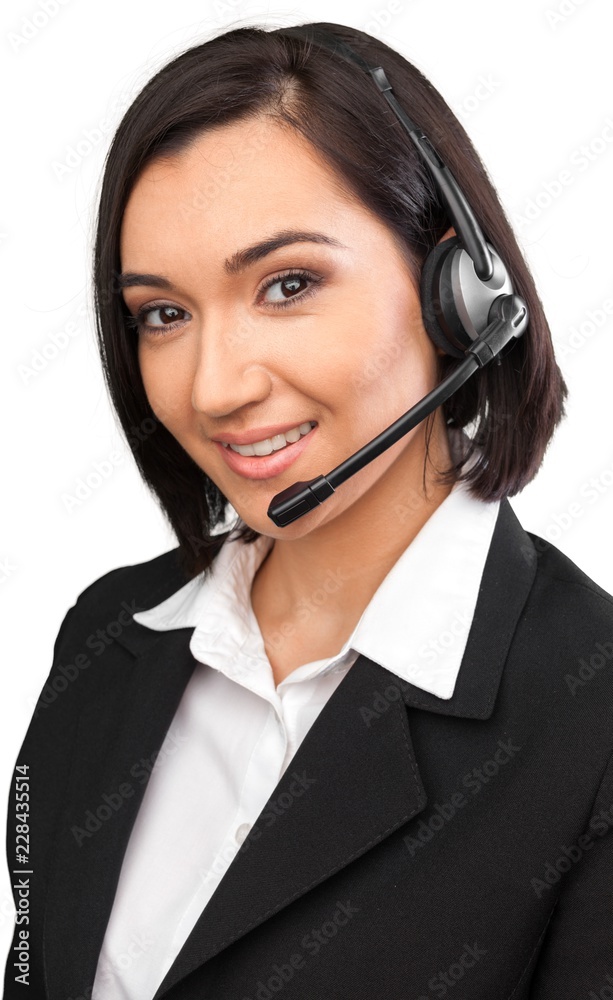 Closeup of a Female Phone Operator in Headset Closeup of a Female Phone Operator in Headset
