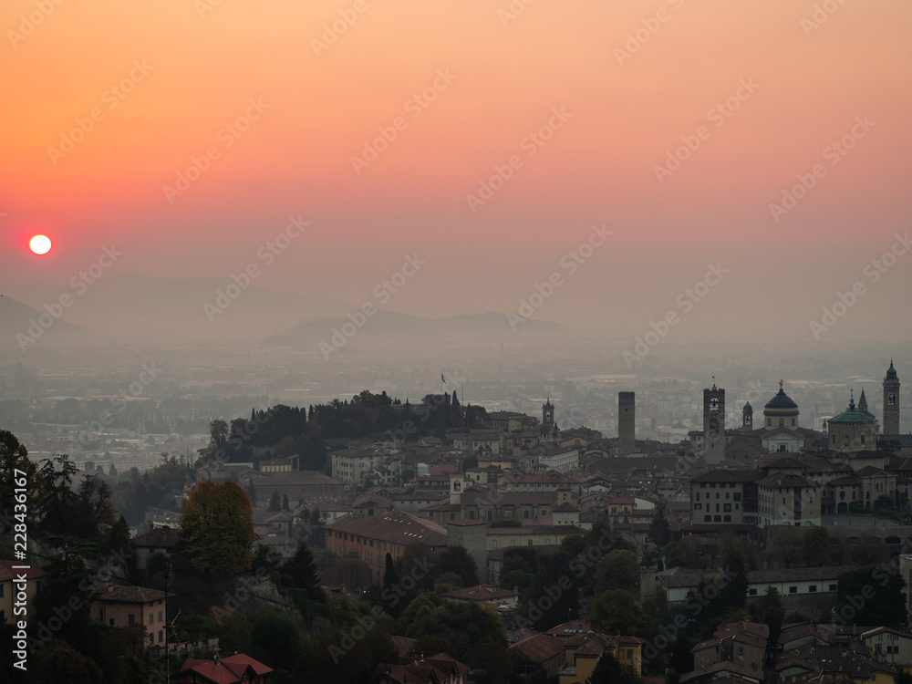 Bergamo. Italy. Drone aerial view of a morning landscape at the old town during fall season