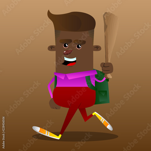 Schoolboy holding wooden club in his hand. Vector cartoon character illustration.