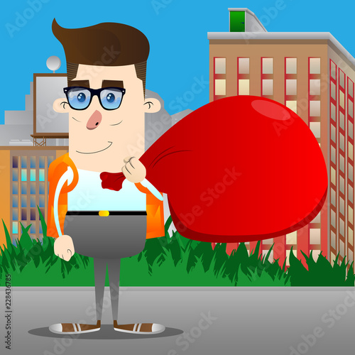 Schoolboy carrying big red Santa's Christmas sack. Vector cartoon character illustration.