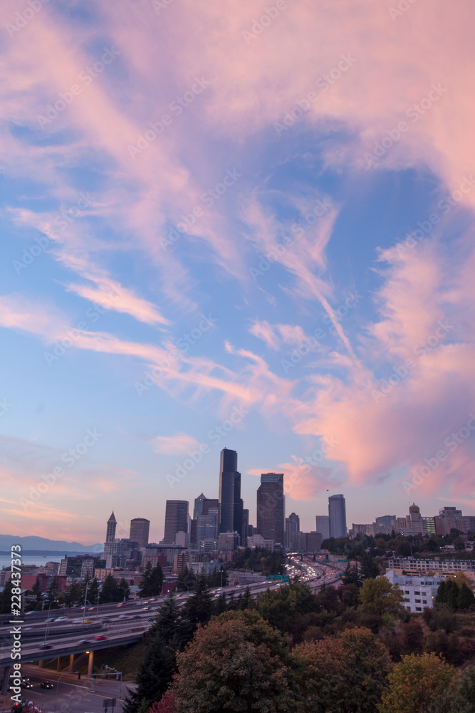 Fototapeta premium The interstate leading up to Seattle at sunset - Washington state