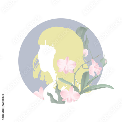 Yellow hair girl silhouette with blooming pink Dendrobium orchid flowers in blue circle frame