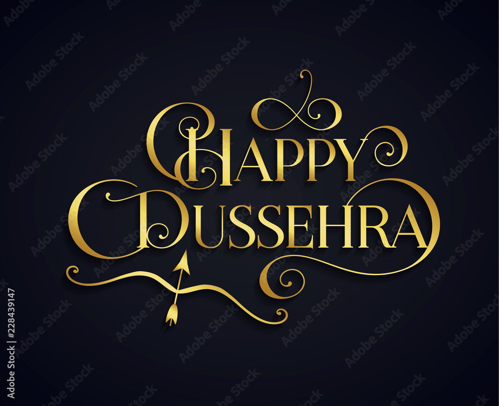 Obraz premium Golden text calligraphic inscription Happy Dussehra festival Indian with bow and arrow with a shadow on a dark blue background. Vector illustration