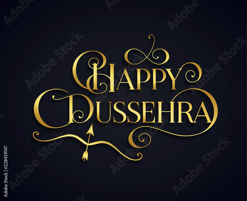 Golden text calligraphic inscription Happy Dussehra festival Indian with bow and arrow with a shadow on a dark blue background. Vector illustration