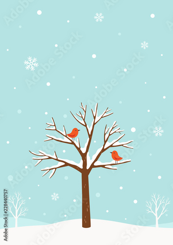 Winter background.Winter tree with birds