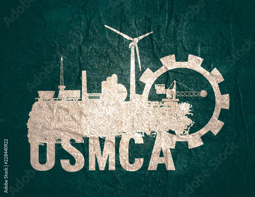 USMCA - United States Mexico Canada Agreement. USMCA text. Heavy industry and business concept. Industrial icons set and grunge brush stroke photo