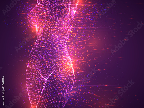 flying particles, a female body made of luminous particles.