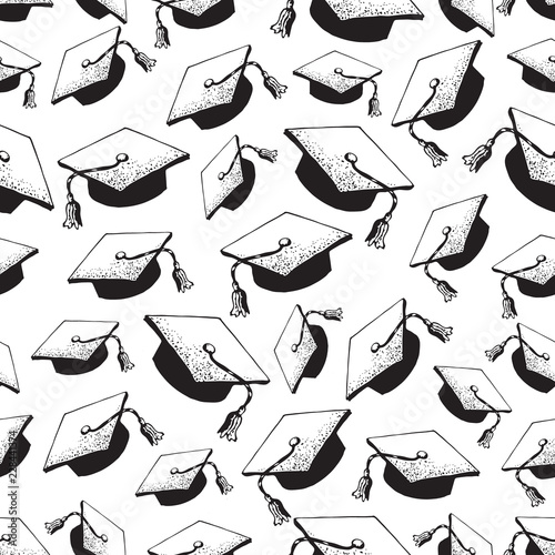 Graduate doodle black hat seamless pattern with diploma  graduation caps thrown in the air  square academic cap  mortarboard for college  university students  education concept  white background