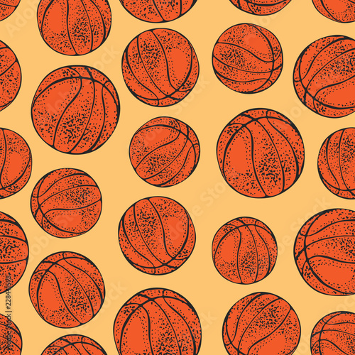 Vector seamless pattern with basketball balls. Hand drawn Sport illustration. Cartoon style background.