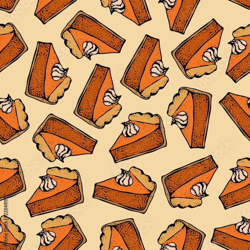 Pumpkin pie with cream seamless pattern. Hand drawn sketch of the pie piece. Thanksgiving Day vector illustration.  For identify the restaurant, packaging, menu design