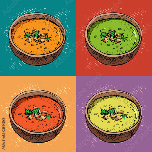 Cream soup vector background. Hand drawn bowl of soup with spices. Pumpkin, tomato, broccoli soup. Vegetable pop art style pattern. Detailed vegetarian food sketch.