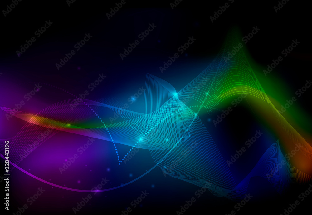 Illustration Abstract glowing, neon light effect, wave line, wavy pattern. Vector design communication techno on blue background. Futuristic digital technology for web or banner background