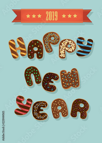 Happy New Year 2019. Chocolate donuts