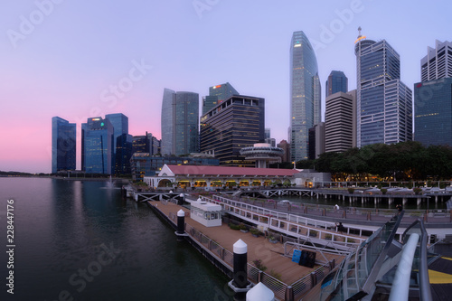 Singapore Skyline. View of financial district, blue sky in morning..