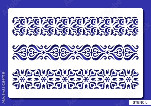 Set of decorative borders. Stencil with lace and floral patterns. Template for laser cutting, wood carving, paper cut and printing. Vector illustration.