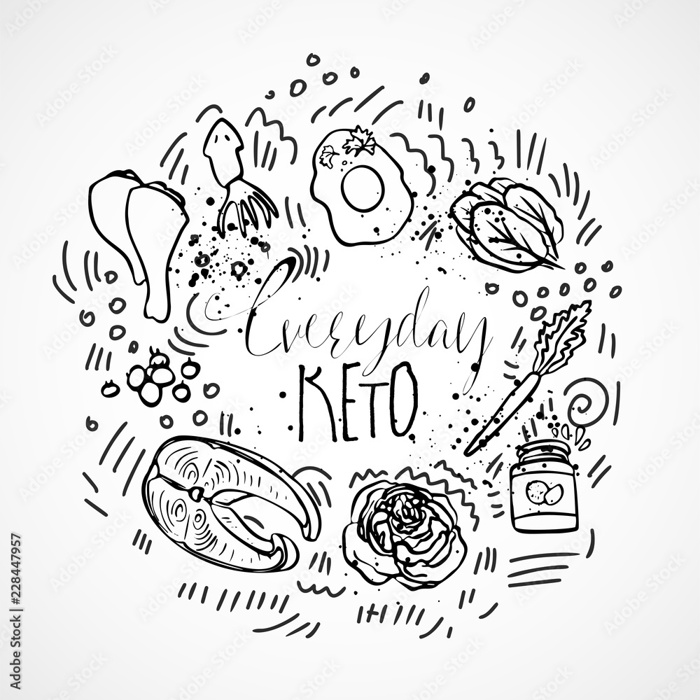 Everyday Keto Menu sketch hand draw illustration - black and white vector sketch healthy concept. Healthy everyday keto food concept with texture and decorative elements in a circle form - all