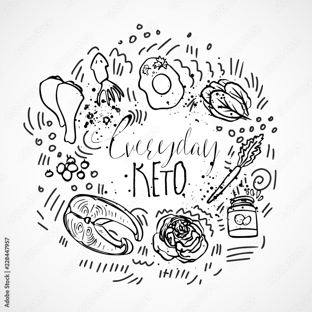 Obraz premium Everyday Keto Menu sketch hand draw illustration - black and white vector sketch healthy concept. Healthy everyday keto food concept with texture and decorative elements in a circle form - all