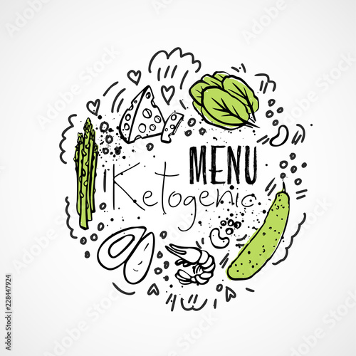 Ketogenic Menu - vector sketch illustration - two-colored sketch healthy concept. Healthy keto diet menu with texture and decorative elements in a circle form - all nutrients, like fats, carbs and