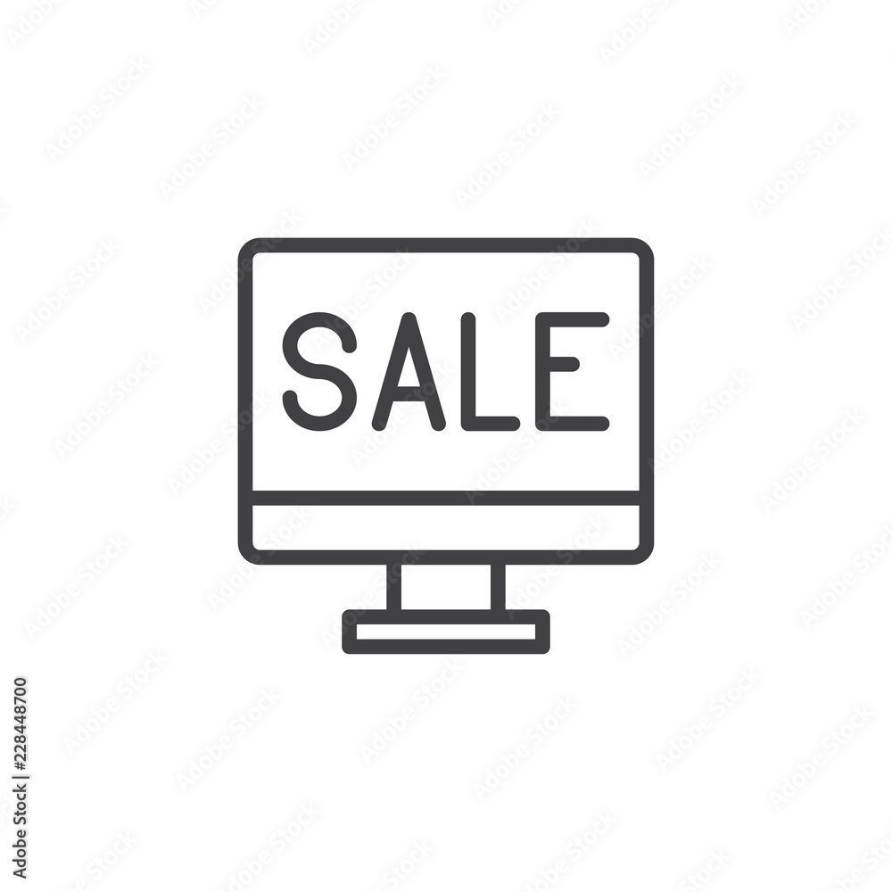 Computer monitor with sale inscription outline icon. linear style sign for mobile concept and web design. Online sale simple line vector icon. symbol, logo illustration. Pixel perfect vector graphics Computer monitor with sale inscription outline icon. linear style sign for mobile concept and web design. Online sale simple line vector icon. symbol, logo illustration. Pixel perfect vector graphics