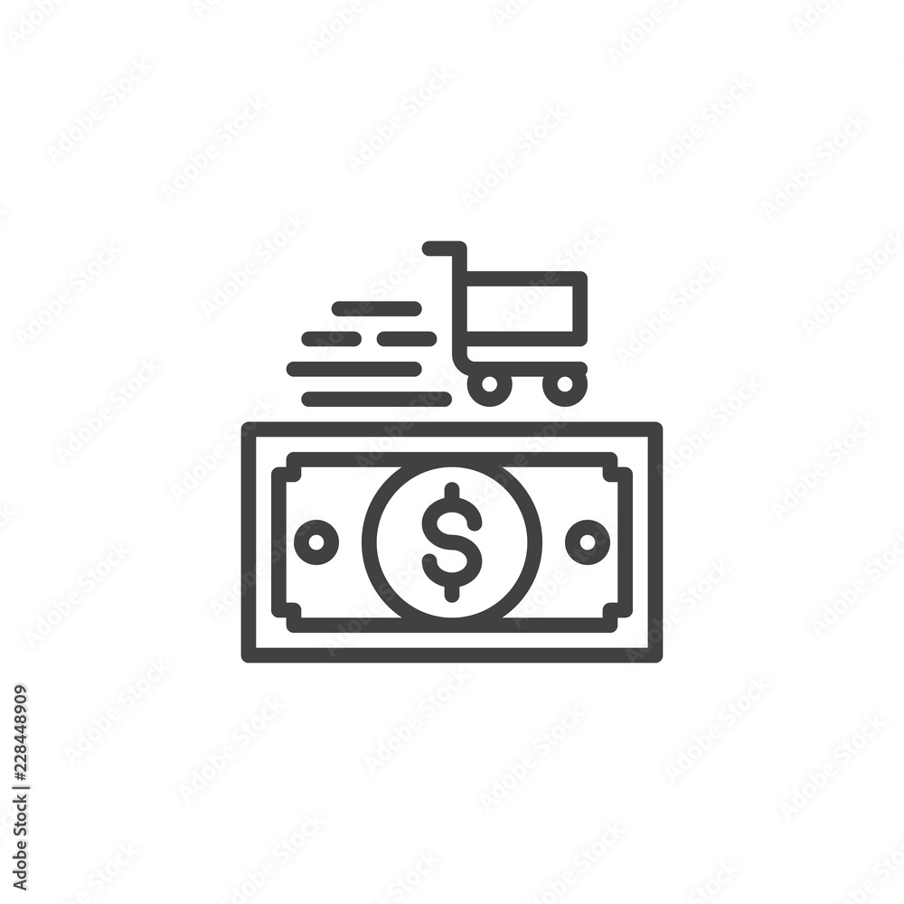 Shopping Payment method outline icon. linear style sign for mobile concept and web design. Dollar money and shopping cart simple line vector icon. Symbol, logo illustration. Pixel perfect vector Shopping Payment method outline icon. linear style sign for mobile concept and web design. Dollar money and shopping cart simple line vector icon. Symbol, logo illustration. Pixel perfect vector