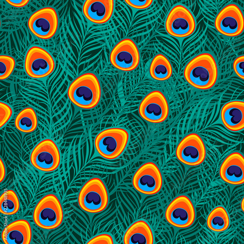 Peacock feather seamless pattern. Vector illustration. Exotic ornament background