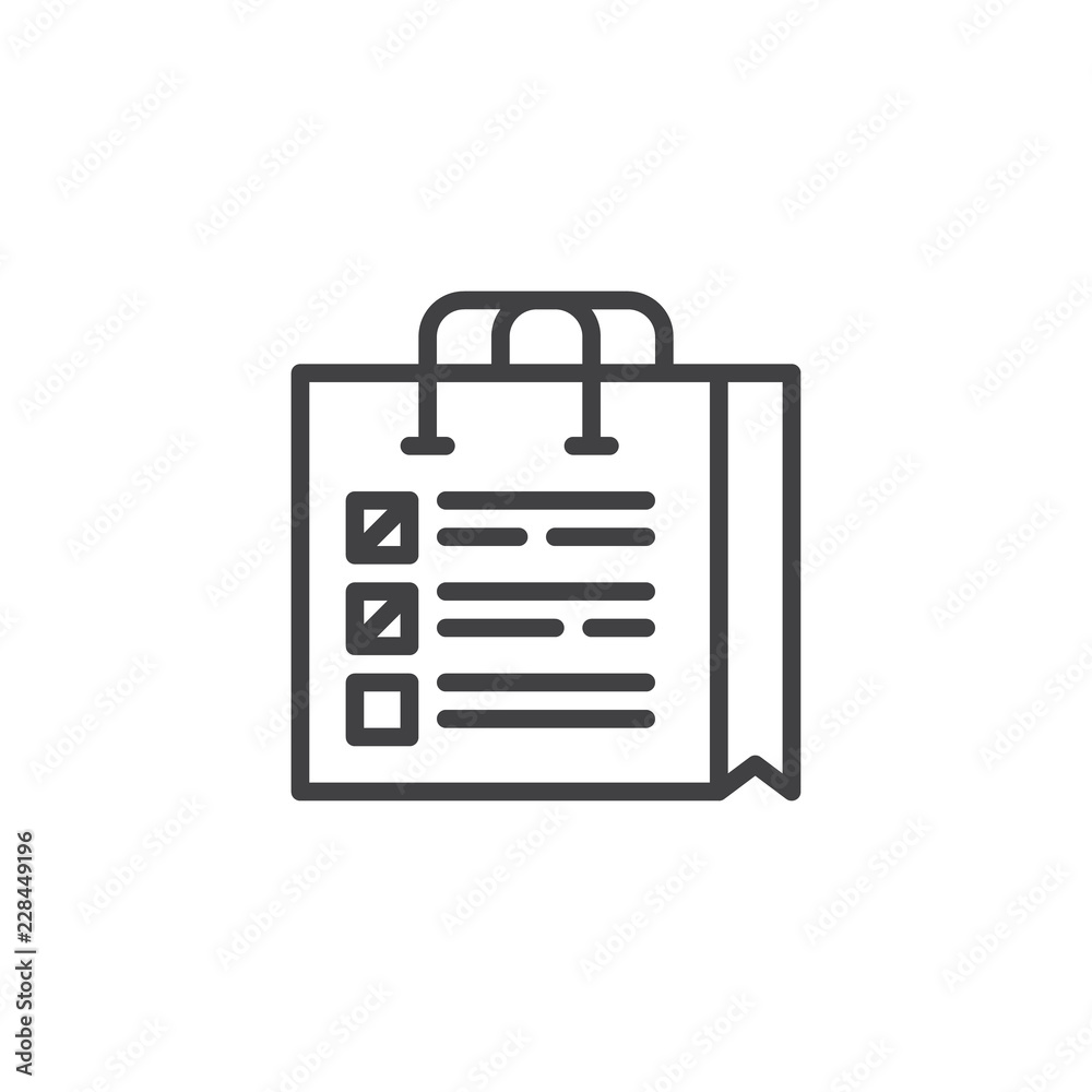 Shopping bag checklist outline icon. linear style sign for mobile concept and web design. Paper bag simple line vector icon. Symbol, logo illustration. Pixel perfect vector graphics Shopping bag checklist outline icon. linear style sign for mobile concept and web design. Paper bag simple line vector icon. Symbol, logo illustration. Pixel perfect vector graphics