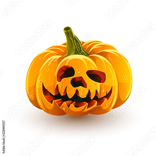 Funny jack-o'-lantern. Halloween pumpkin isolated on white background. Funny toothy Halloween pumpkin